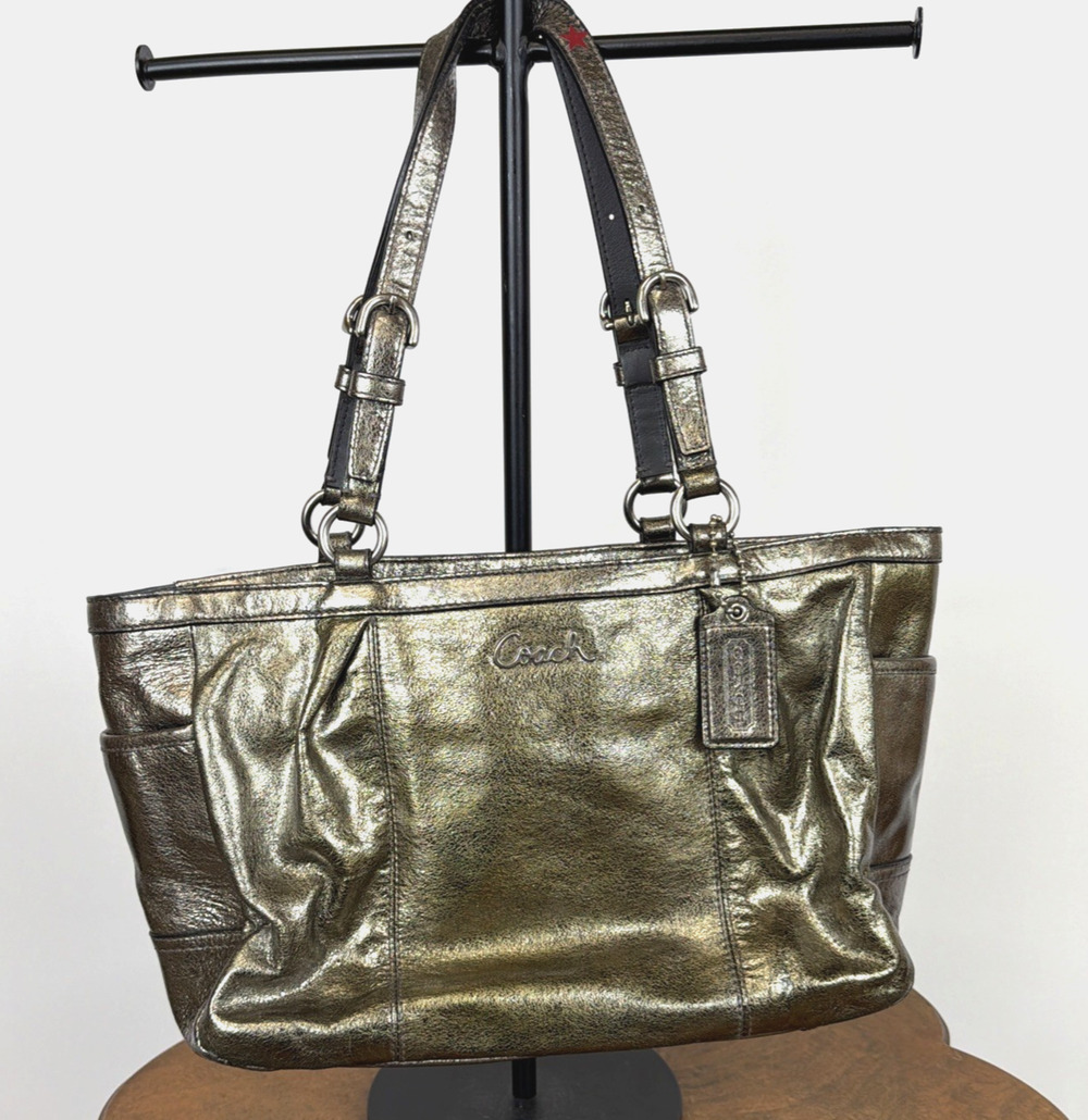 Coach Women's Medium Antique Gold Leather Tote Bag Zip Top F17721 Metallic